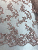 Blush Floral Lace Fabric, Embroidery With Sequins on a Mesh Lace Fabric By The Yard For Gown, Wedding-Bridal