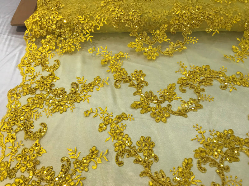 Yellow Floral Lace Fabric, Embroidery With Sequins on a Mesh Lace Fabric By The Yard For Gown, Wedding-Bridal