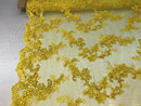 Yellow Floral Lace Fabric, Embroidery With Sequins on a Mesh Lace Fabric By The Yard For Gown, Wedding-Bridal