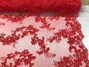 Red Floral Lace Fabric, Embroidery With Sequins on a Mesh Lace Fabric By The Yard For Gown, Wedding-Bridal