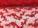 Red Floral Lace Fabric, Embroidery With Sequins on a Mesh Lace Fabric By The Yard For Gown, Wedding-Bridal