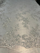 White Floral Lace Fabric, Embroidery With Sequins on a Mesh Lace Fabric By The Yard For Gown, Wedding-Bridal