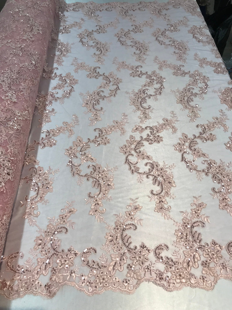 Blush Pink Floral Lace Fabric, Embroidery With Sequins on a Mesh Lace Fabric By The Yard For Gown, Wedding-Bridal