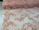 Blush Pink Floral Lace Fabric, Embroidery With Sequins on a Mesh Lace Fabric By The Yard For Gown, Wedding-Bridal