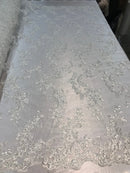 Ivory Floral Lace Fabric, Embroidery With Sequins on a Mesh Lace Fabric By The Yard For Gown, Wedding-Bridal