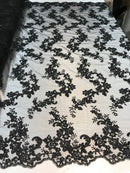 Black Floral Lace Fabric, Embroidery With Sequins on a Mesh Lace Fabric By The Yard For Gown, Wedding-Bridal