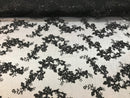 Black Floral Lace Fabric, Embroidery With Sequins on a Mesh Lace Fabric By The Yard For Gown, Wedding-Bridal