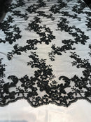 Black Floral Lace Fabric, Embroidery With Sequins on a Mesh Lace Fabric By The Yard For Gown, Wedding-Bridal