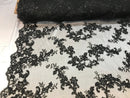 Black Floral Lace Fabric, Embroidery With Sequins on a Mesh Lace Fabric By The Yard For Gown, Wedding-Bridal