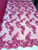 Fuchsia Floral Lace Fabric, Embroidery With Sequins on a Mesh Lace Fabric By The Yard For Gown, Wedding-Bridal