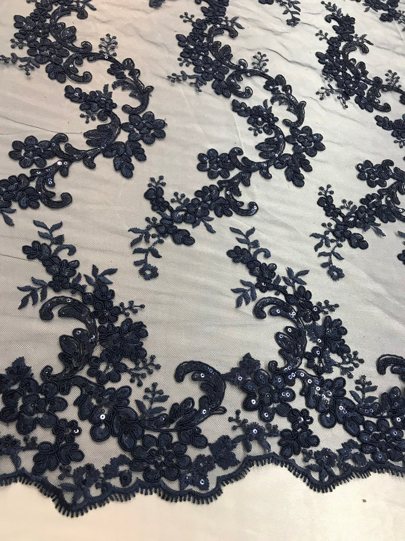 Navy Floral Lace Fabric, Embroidery With Sequins on a Mesh Lace Fabric By The Yard For Gown, Wedding-Bridal