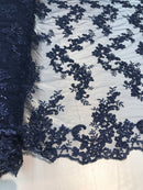 Navy Floral Lace Fabric, Embroidery With Sequins on a Mesh Lace Fabric By The Yard For Gown, Wedding-Bridal
