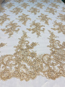 Champagne Lace Fabric, Corded Flower Embroidery With Sequins on a Mesh Lace Fabric By The Yard For Gown, Wedding-Bridal-Dress