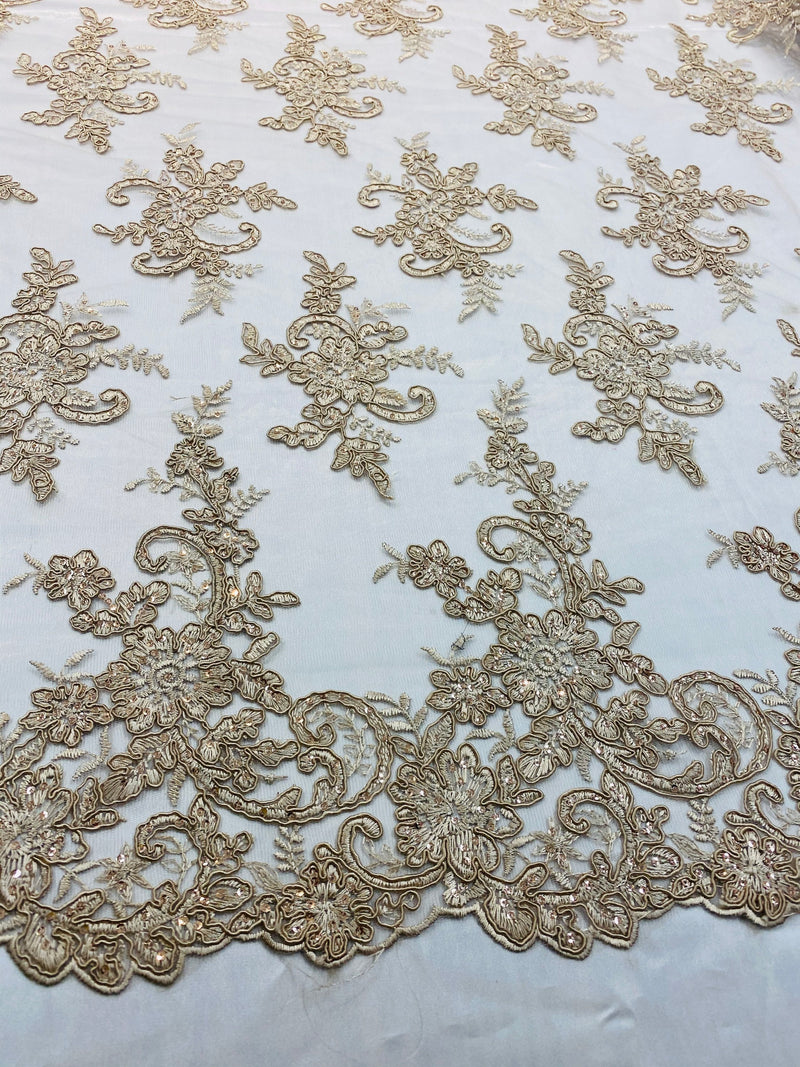 Champagne Lace Fabric, Corded Flower Embroidery With Sequins on a Mesh Lace Fabric By The Yard For Gown, Wedding-Bridal-Dress