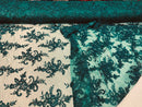 Hunter Green Lace Fabric, Corded Flower Embroidery With Sequins on a Mesh Lace Fabric By The Yard For Gown, Wedding-Bridal-Dress