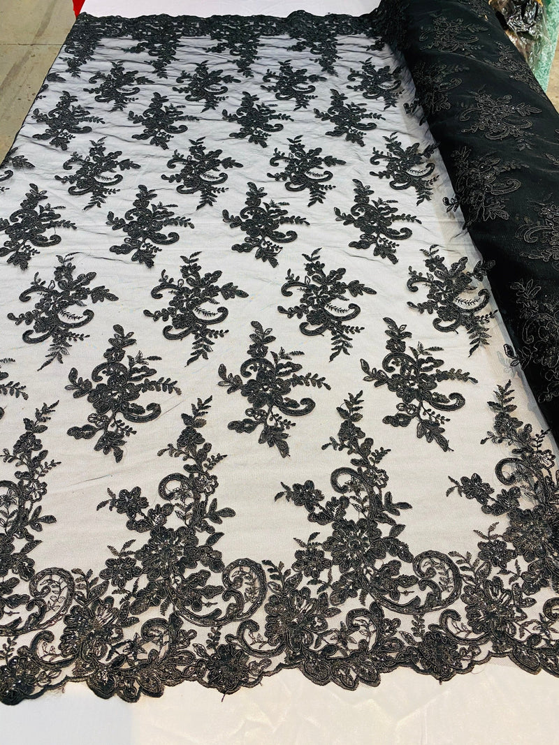 Black Lace Fabric, Corded Flower Embroidery With Sequins on a Mesh Lace Fabric By The Yard For Gown, Wedding-Bridal-Dress