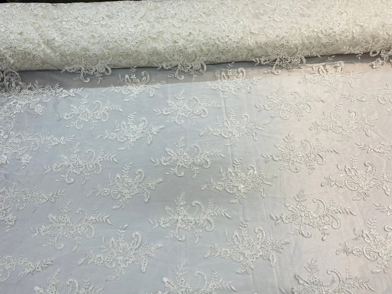 Ivory Lace Fabric, Corded Flower Embroidery With Sequins on a Mesh Lace Fabric By The Yard For Gown, Wedding-Bridal-Dress