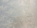Ivory Lace Fabric, Corded Flower Embroidery With Sequins on a Mesh Lace Fabric By The Yard For Gown, Wedding-Bridal-Dress