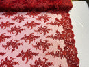Burgundy Lace Fabric, Corded Flower Embroidery With Sequins on a Mesh Lace Fabric By The Yard For Gown, Wedding-Bridal-Dress