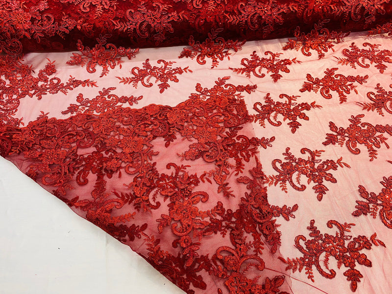Burgundy Lace Fabric, Corded Flower Embroidery With Sequins on a Mesh Lace Fabric By The Yard For Gown, Wedding-Bridal-Dress