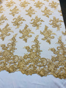 Gold Lace Fabric, Corded Flower Embroidery With Sequins on a Mesh Lace Fabric By The Yard For Gown, Wedding-Bridal-Dress