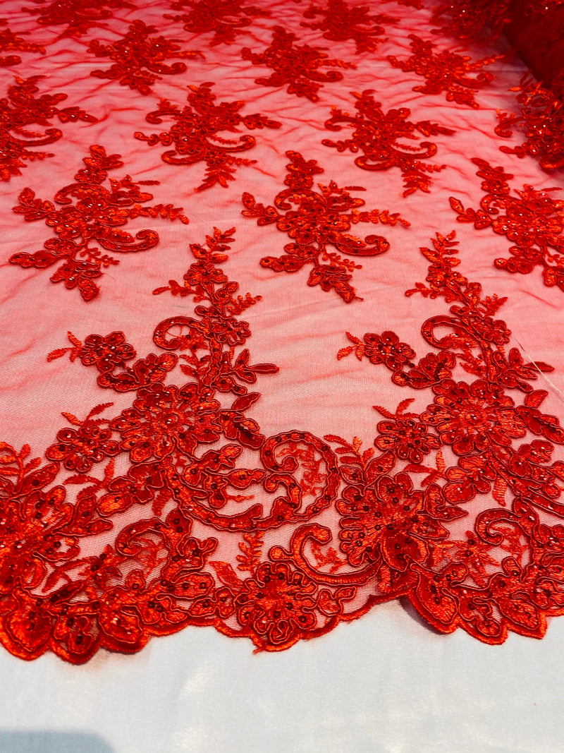 Red Lace Fabric, Corded Flower Embroidery With Sequins on a Mesh Lace Fabric By The Yard For Gown, Wedding-Bridal-Dress