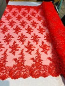 Red Lace Fabric, Corded Flower Embroidery With Sequins on a Mesh Lace Fabric By The Yard For Gown, Wedding-Bridal-Dress