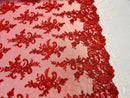Red Lace Fabric, Corded Flower Embroidery With Sequins on a Mesh Lace Fabric By The Yard For Gown, Wedding-Bridal-Dress