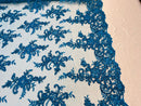 Turquoise Lace Fabric, Corded Flower Embroidery With Sequins on a Mesh Lace Fabric By The Yard For Gown, Wedding-Bridal-Dress