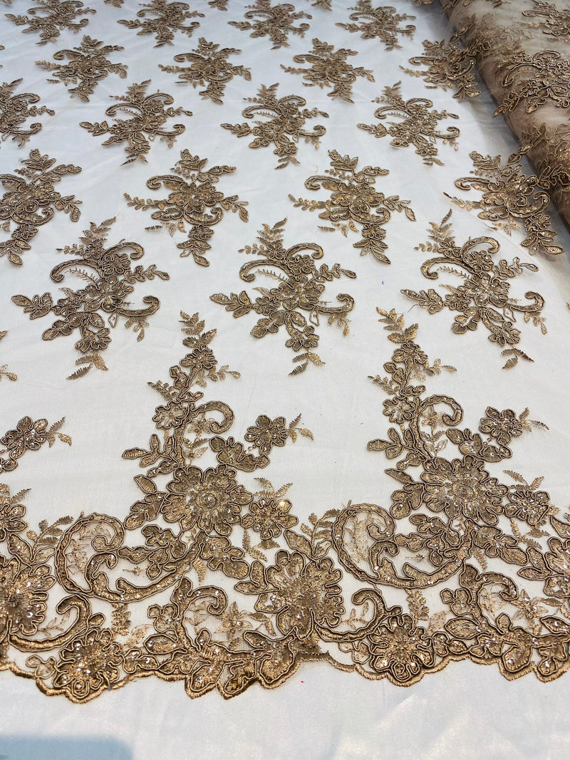 Coffee Lace Fabric, Corded Flower Embroidery With Sequins on a Mesh Lace Fabric By The Yard For Gown, Wedding-Bridal-Dress