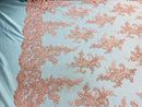 Peach Lace Fabric, Corded Flower Embroidery With Sequins on a Mesh Lace Fabric By The Yard For Gown, Wedding-Bridal-Dress