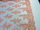 Peach Lace Fabric, Corded Flower Embroidery With Sequins on a Mesh Lace Fabric By The Yard For Gown, Wedding-Bridal-Dress