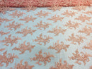Peach Lace Fabric, Corded Flower Embroidery With Sequins on a Mesh Lace Fabric By The Yard For Gown, Wedding-Bridal-Dress