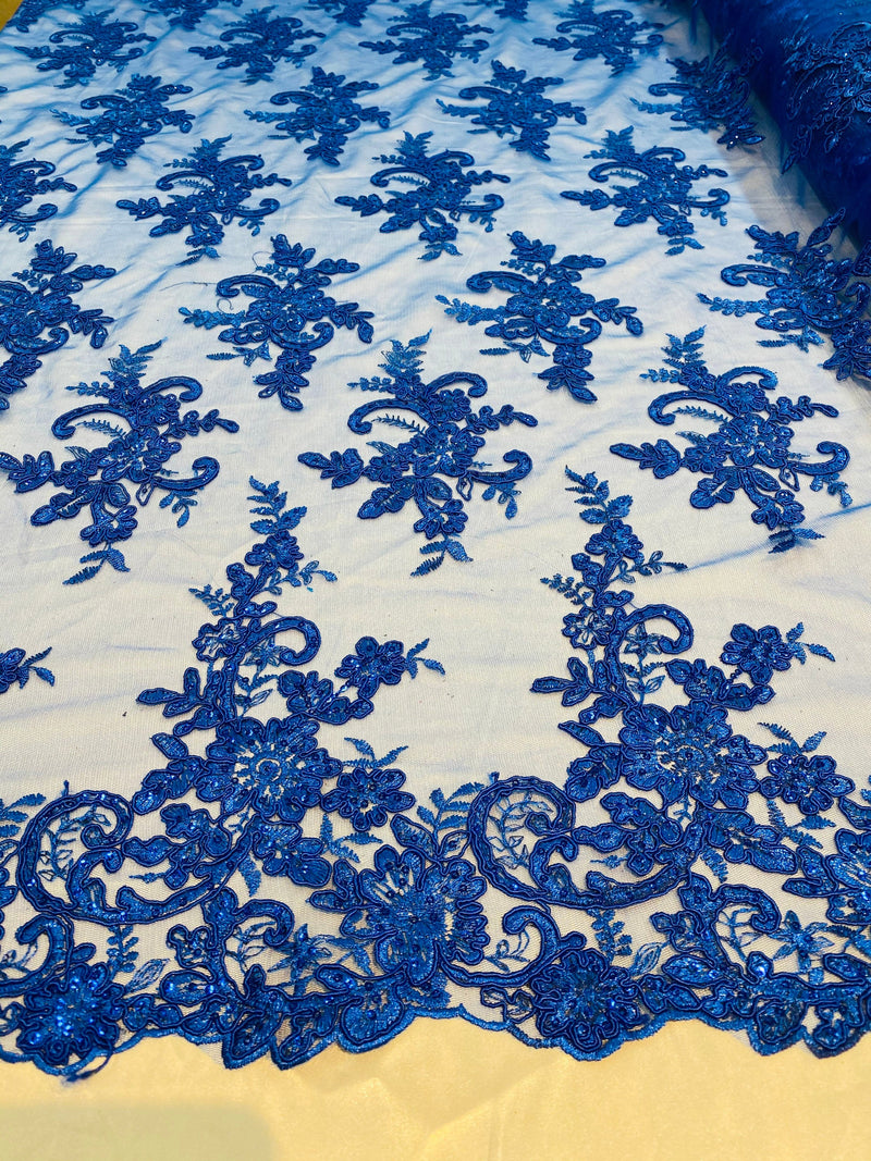 Royal Blue Lace Fabric, Corded Flower Embroidery With Sequins on a Mesh Lace Fabric By The Yard For Gown, Wedding-Bridal-Dress