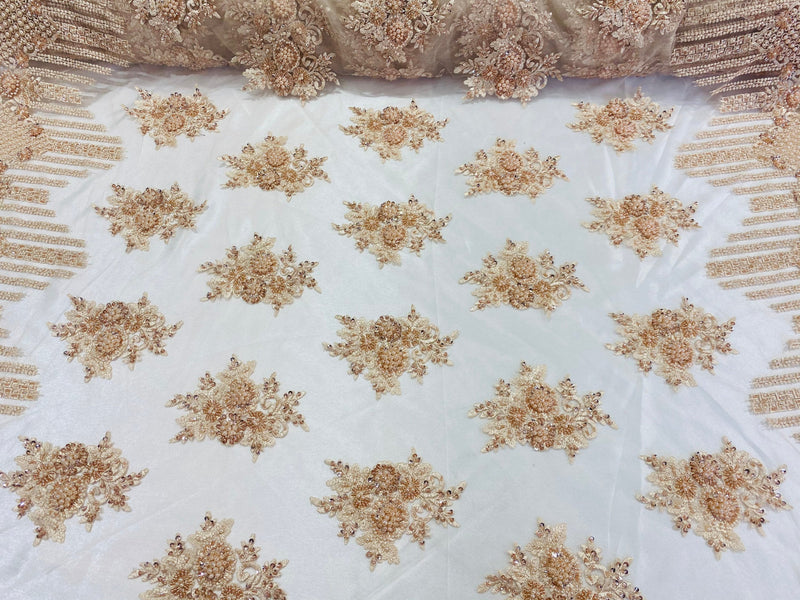 Blush Peach Beaded Fabric, Hand Embroidered Lace Bridal Floral On a Mesh Dress Fabric with Beads By The Yard