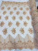 Blush Peach Beaded Fabric, Hand Embroidered Lace Bridal Floral On a Mesh Dress Fabric with Beads By The Yard