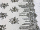 Silver Beaded Fabric, Hand Embroidered Lace Bridal Floral On a Mesh Dress Fabric with Beads By The Yard