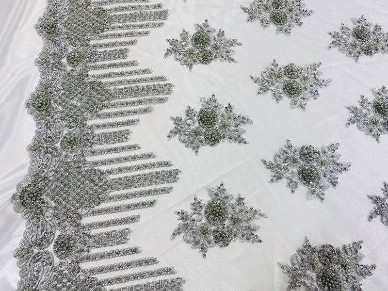 Silver Beaded Fabric, Hand Embroidered Lace Bridal Floral On a Mesh Dress Fabric with Beads By The Yard