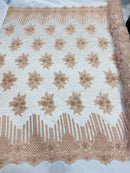 Lt Peach Beaded Fabric, Hand Embroidered Lace Bridal Floral On a Mesh Dress Fabric with Beads By The Yard