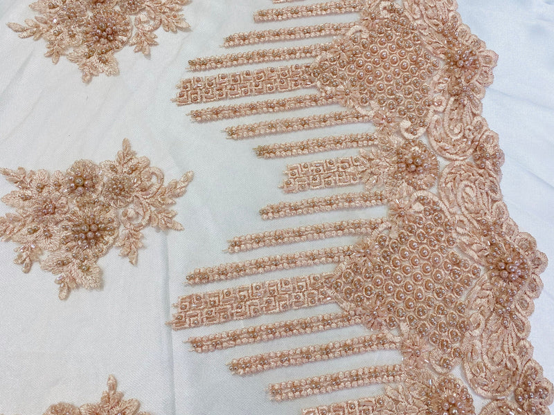 Lt Peach Beaded Fabric, Hand Embroidered Lace Bridal Floral On a Mesh Dress Fabric with Beads By The Yard