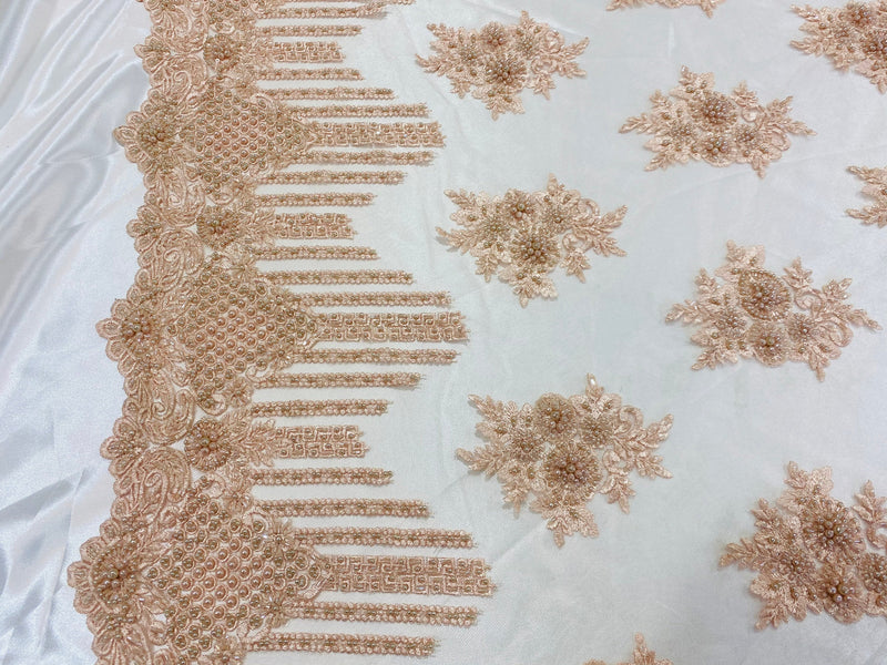 Lt Peach Beaded Fabric, Hand Embroidered Lace Bridal Floral On a Mesh Dress Fabric with Beads By The Yard