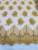 Gold Beaded Fabric, Hand Embroidered Lace Bridal Floral On a Mesh Dress Fabric with Beads By The Yard