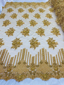 Gold Beaded Fabric, Hand Embroidered Lace Bridal Floral On a Mesh Dress Fabric with Beads By The Yard