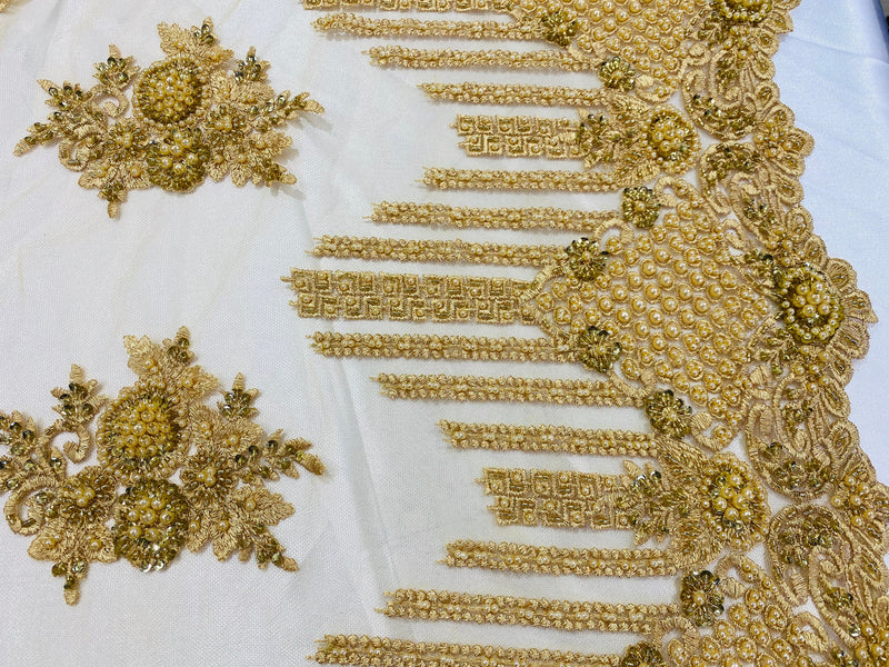Gold Beaded Fabric, Hand Embroidered Lace Bridal Floral On a Mesh Dress Fabric with Beads By The Yard