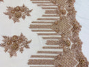 Blush Mauve Beaded Fabric, Hand Embroidered Lace Bridal Floral On a Mesh Dress Fabric with Beads By The Yard