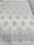 White Beaded Fabric, Hand Embroidered Lace Bridal Floral On a Mesh Dress Fabric with Beads By The Yard