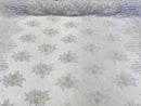 White Beaded Fabric, Hand Embroidered Lace Bridal Floral On a Mesh Dress Fabric with Beads By The Yard