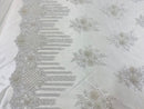 White Beaded Fabric, Hand Embroidered Lace Bridal Floral On a Mesh Dress Fabric with Beads By The Yard