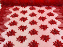 Red Beaded Fabric, Hand Embroidered Lace Bridal Floral On a Mesh Dress Fabric with Beads By The Yard