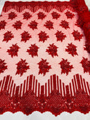 Red Beaded Fabric, Hand Embroidered Lace Bridal Floral On a Mesh Dress Fabric with Beads By The Yard
